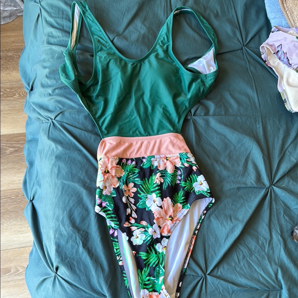 Green and Floral One-Piece Swimsuit
